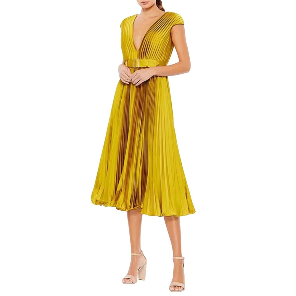 Mac Duggal Pleated‎ Satin V Neck Cap Sleeve Belted Midi Dress Citron Size 6 - Picture 5 of 14